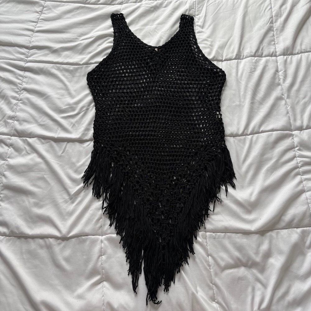 Black Crochet Fringe Tank Top Cover Up V-Neck Boho Festival Womens Medium Beachy